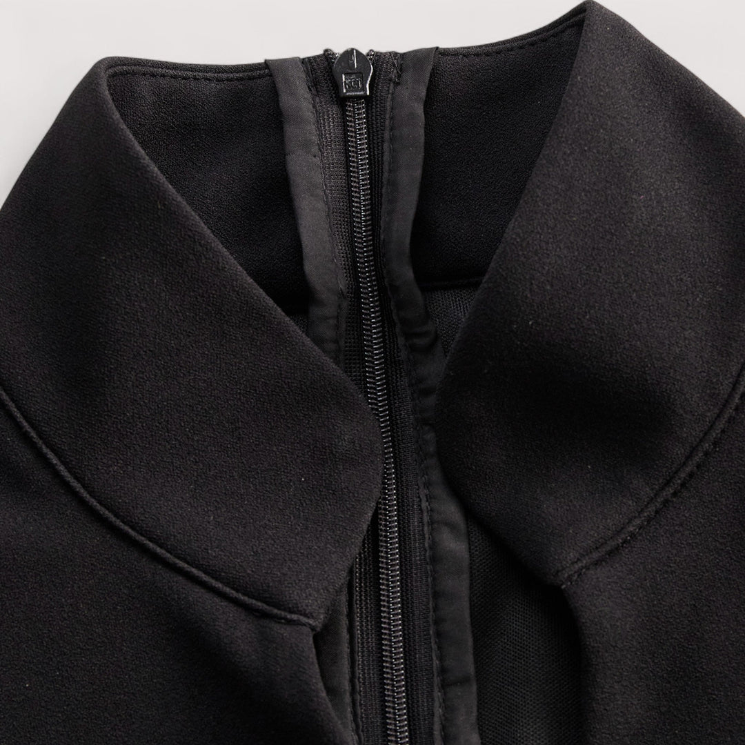 Kate | Refined black dress with belt and mandarin collar